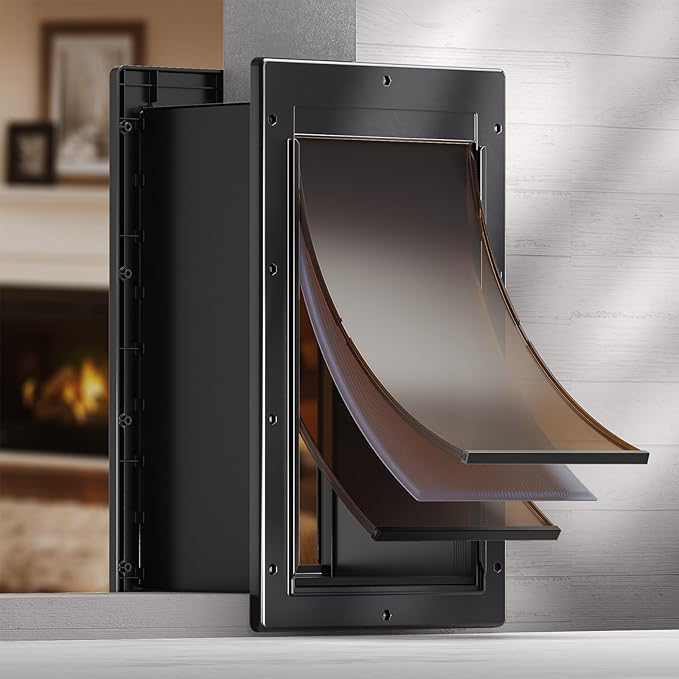 Durable Frame 3-Flaps Insulated Wall Dog Door, Extreme Weather Large Doggy Door for Wall, Never Rust Wall Pet Door, Telescoping Tunnel, 2 Magnetic Flaps, Closing Panel, for Pet Up to 100lb