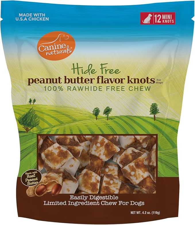 Canine Naturals Natural Peanut Butter Chew, Mini Knot - 12 Pack - 100% Rawhide Free and Collagen Free Dog Treats - Made with Real Peanut Butter - All-Natural and Easily Digestible
