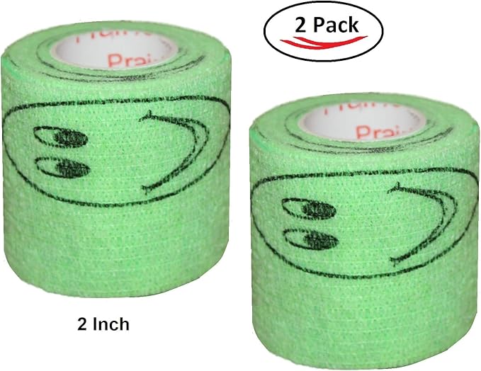 Vet Wrap Wrap Tape (Green with Smiles Pattern) (2 Pack) (3 Inch x 15 feet) Self Adhesive Adherent Adhering Cohesive Flex Self Stick Bandage Grip Roll Dog Cat Pet Horse