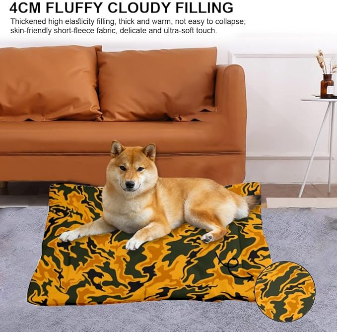 Yellow-Green Swirl Camo Cage Bed for Dog Crate Large Dog Mat Kennel Pad Crate Cushion Washable Non-Slip Washable Bed Kennel Mats for Cages Pillows Indoor Outdoor 24X18 Inch