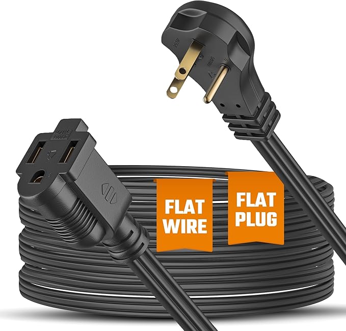 Flat Extension Cord 10 ft for Indoor Use by Bindmaster- UL-Listed 3-Prong Power Cord- Space-Saving Flat Angled Extension Cord- Grounded Outlet Extension Wire- Black.