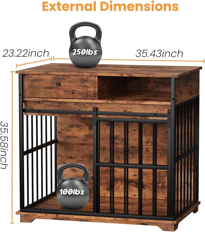 35.4" Dog Crate Furniture, Dog Kennel Indoor with Wheels for Medium Small Dogs, Wooden Dog Crate End Table with Drawer, Open Shelves and Sliding Door, Dog Kennel Furniture for Living Room, Bedroom