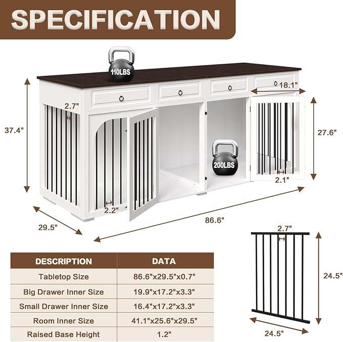 86.6" Extra Large Dog Crate Furniture for Large Breeds,XXXL Wooden Double Dog Crates Kennel Cage Furniture Style TV Stand Side End Table for 2 Dogs with Divider Locks and 4 Drawers,White