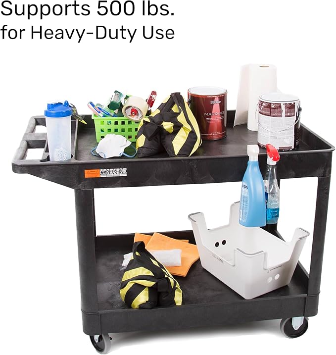 Tubstr Extra Large Two-Shelf Utility Cart with Wheels | 500 lb. Capacity Rolling Utility & Tool Cart for Warehouses, Industrial Settings, Auto Garages, & More (Black, 45.5 x 24.5)