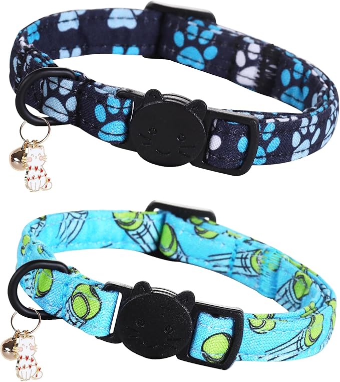 Cat Collar-2 Pack Cat Collars Tennis Balls & Footprint Cat Collar Breakaway with Kitten and Bell Pendant Safety Buckle Pet Collar Cute Cotton Collar for for Cats and Small Pets