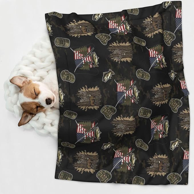 Reversible Plush Dot Pet Blanket, Hunting Deer Bass Fishing Lure Camo Camouflage American Flag Black, Ultra Soft Two Sided Throw for Dogs Cats Home Use Comfort