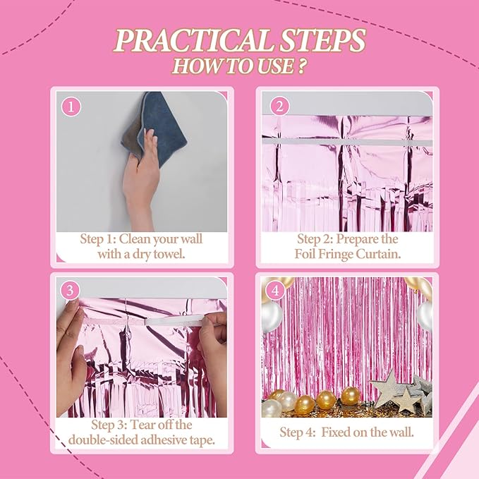 3 Pack Foil Fringe Backdrop - Pink Shiny Tinsel Curtains for Party Decoration/Photo Booth Props - 3.3x8.2 FT Metallic Foil Backdrop for Birthday, Wedding, Graduation, Christmas.