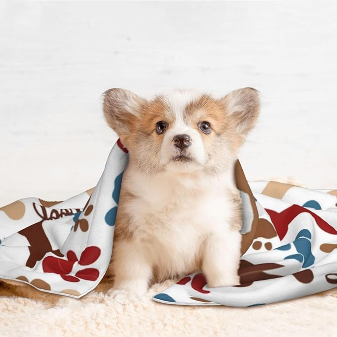 Pet Blanket for Travel and Home, Dog Bones Paw Prints Cream, Reversible Plush Dot Design with Soft Grip Texture on One Side Perfect for Car Seats Moving Vehicles