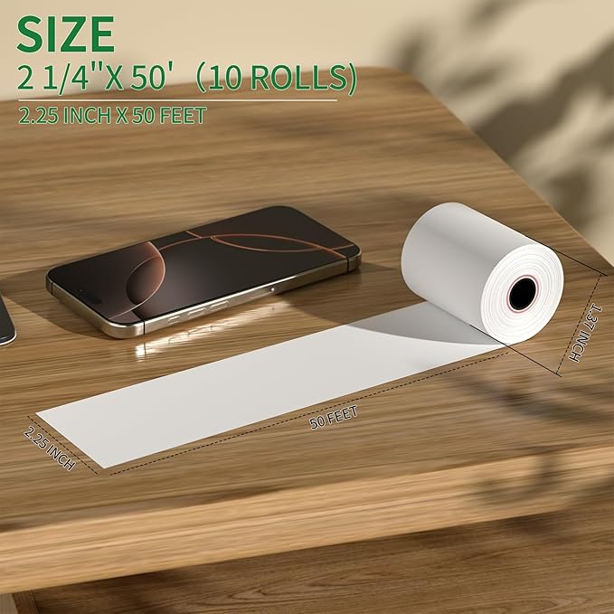 (10 Rolls) 2 1/4" x 50' Thermal Receipt Paper Rolls, Cash Register POS Thermal Paper, Credit Card Rolls Thermal 2 1/4 in x 50 ft.