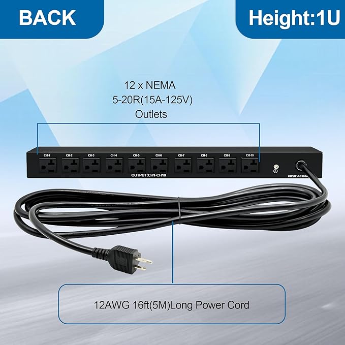 1U PDU Network Servers Surge Protector Power Distribution Unit 12-Outlet