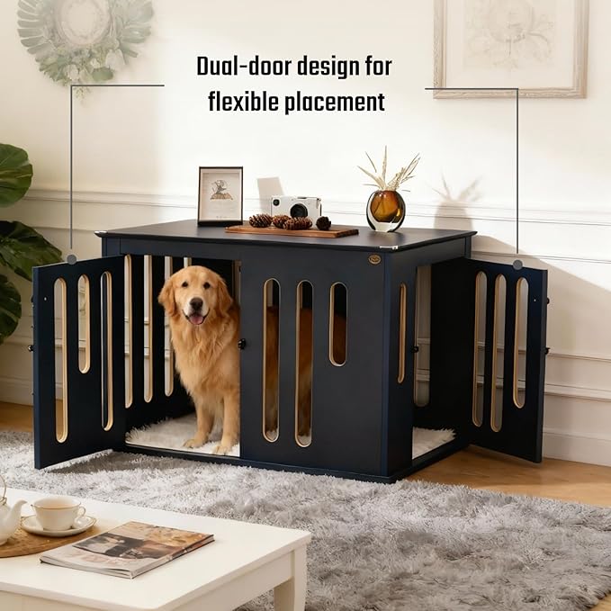 Elegant Heavy-Duty Dog Crate Furniture for Large Dogs - 40-inch Blue Multi-Layer Solid Wood tv Stand with 2 Quick-Release Doors, Stylish Indoor Dog Kennel or cage