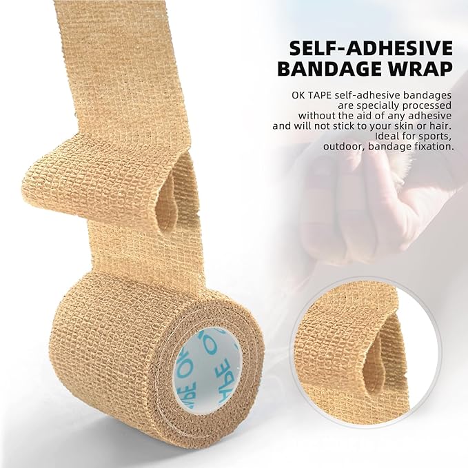 OK TAPE Self Adherent Cohesive Bandages Wrap 24Packs, Non-Woven Self Adhesive Athletic Sports wrap Tape, Vet Wrap Bandages Tape, for Thumb Finger Wrist Ankle (Beige)