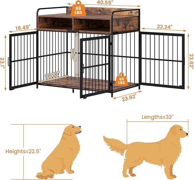 Large Furniture Dog Crate, Dog Kennel Indoor, Wood Dog Cage Table with Drawers Storage, Heavy Duty Dog Crate, Jaula para Perros, Sturdy Metal, 40.5" L×23.6" W×35.4" H, Rustic Brwon
