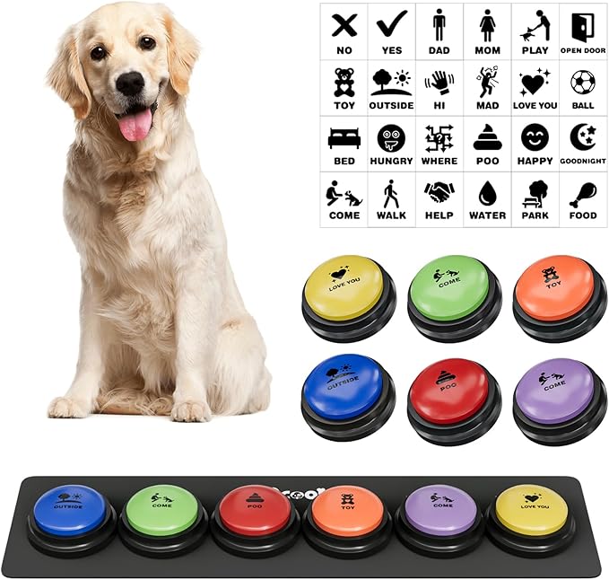 Dog Buttons for Communication, 6 Pcs Dog Talking Button Set, 30s Voice Recordable Pet Training Buzzer, Speaking Buttons for Cats & Dogs with Waterproof Dog Activity Mat and 24 Scene Stickers