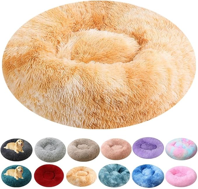Calming Large Dog Bed & Cat Bed, 43 Inch Anti-Anxiety Donut Dog Cuddler Cat Bed, Warming Cozy Soft Dog Round Bed, Fluffy Faux Fur Machine Washable Pet Cushion for Medium Dogs & Cats (Yellow White)