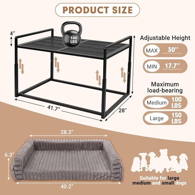 Adjustable Bedside Dog Bed for Large Dogs, Elevated Dog Co-Sleeper with Metal Frame, Memory Foam Mattress & Washable Corduroy Cover, Pet Bedside Sleeper for Dogs & Cats