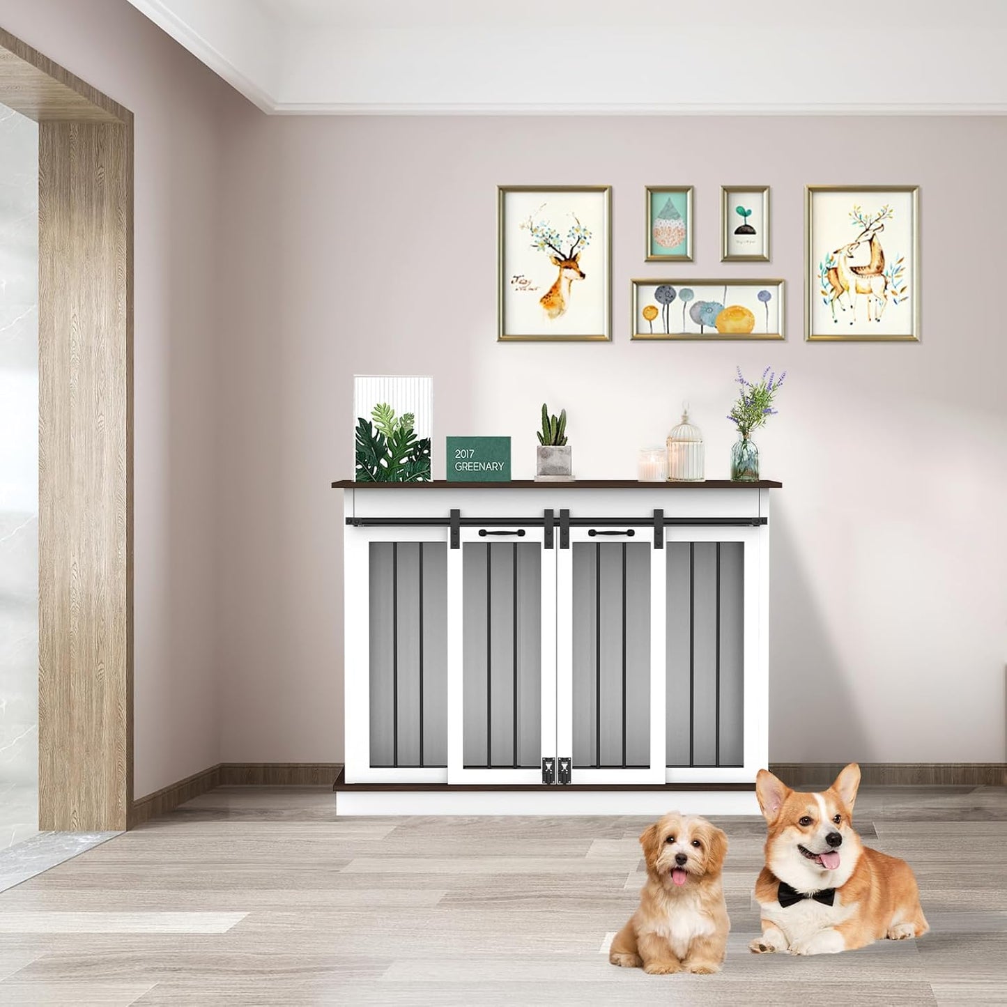 RQZ Double Dog Crate Furniture for 2 Dogs Heavy Duty Wood Dog Cage Table with 2 Sliding Doors and Removable Divider Dog Kennel Indoor for Medium Large Dogs (47" L x 24" W x 35" H)