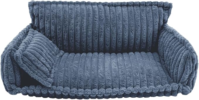 Pet Couch Bed for Dog and Cat, Plush Calming Couch for Pets with Removable Washable Cover, Modern Sofa Style Pet Bed for Home Living Room (Dark Blue)