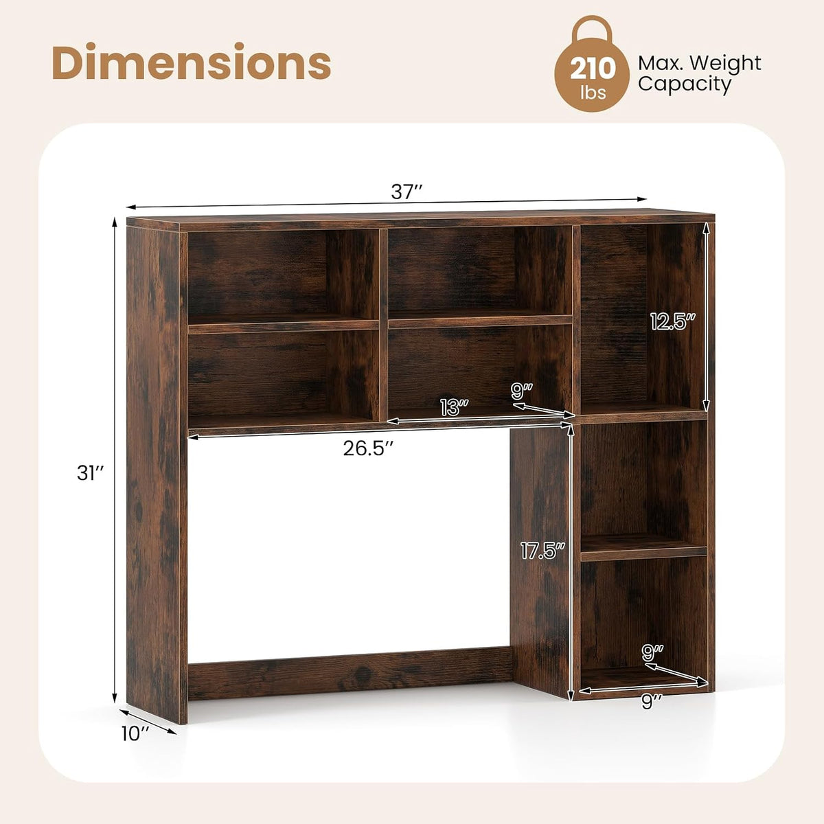 MAT EXPERT Wooden Desktop Bookshelf, Countertop Desk Hutch w/ 7 Cubes & Adjustable Shelves, Anti-toppling Kits, Table Top Organizer Shelf Fits Monitors up to 27” for Dorm, Office, Study (Rustic Brown)