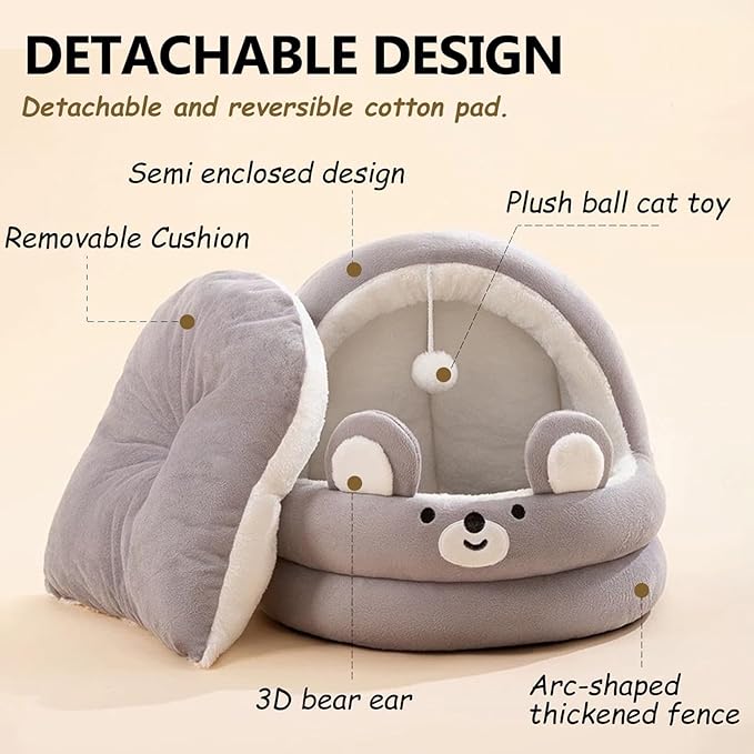 Cat Bed for Indoor Cats, Dog Bed with Anti-Slip Bottom, Rabbit-Shaped Cat/Small Dog Cave with Hanging Toy, Puppy Beds with Removable Cotton Pad, Super Soft Calming Pet Sofa Bed (Gray, Large)