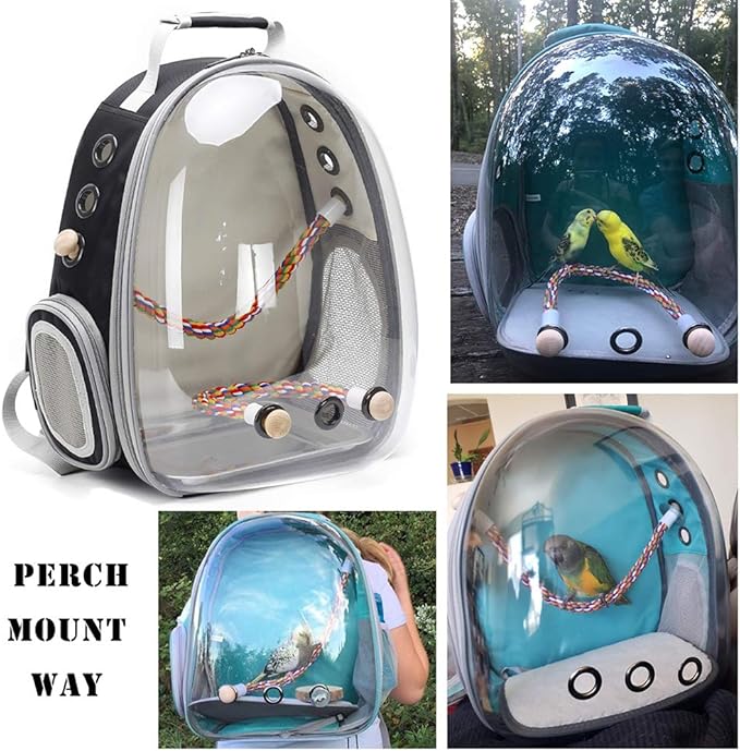 Bird Traval Carrier Cage, Clear Space Capsule Astronaut Backpack to Carry Parakeet Cockatiel Parrot with Metal Tray Bird Feeder and Wood Perch, Vet Transport Bag