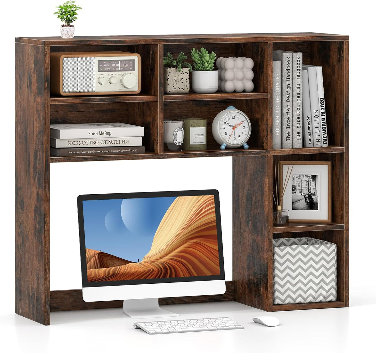 MAT EXPERT Wooden Desktop Bookshelf, Countertop Desk Hutch w/ 7 Cubes & Adjustable Shelves, Anti-toppling Kits, Table Top Organizer Shelf Fits Monitors up to 27” for Dorm, Office, Study (Rustic Brown)