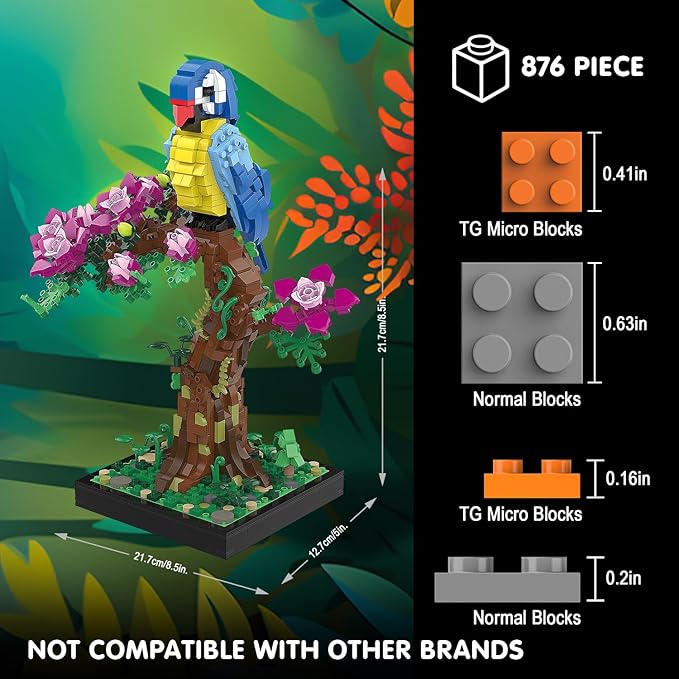 Micro Brick Flower Parrot Toy Building Sets, Home Decor and Office Art Creative Gift, DIY Plant Model for Adults, for Teens Ages 8+ Kids