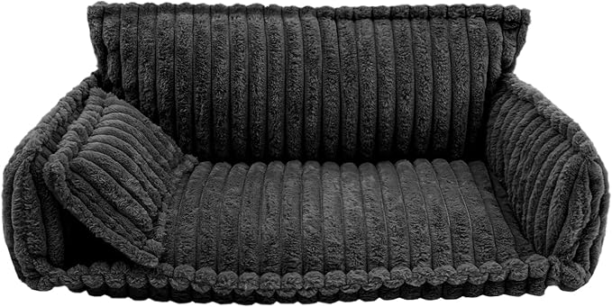 Pet Couch Bed for Dog and Cat, Plush Calming Couch for Pets with Removable Washable Cover, Modern Sofa Style Pet Bed for Home Living Room (Dark Gray)