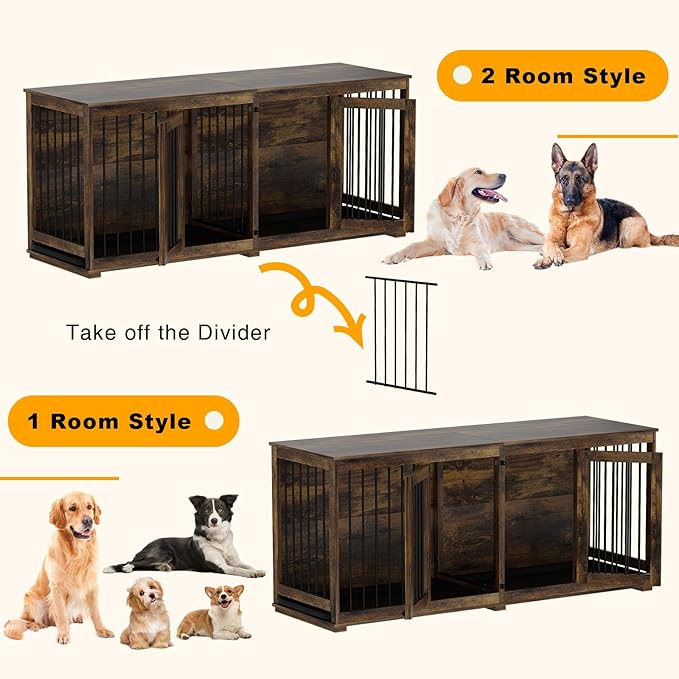Large Funiture Style Dog Crate for 2 Dogs, 70" Wooden Dog Kennel Furniture with Removable Divider & 2 Trays, Indoor Heavy Duty Dog House w/Double Rooms for Large Medium Dogs, Brown