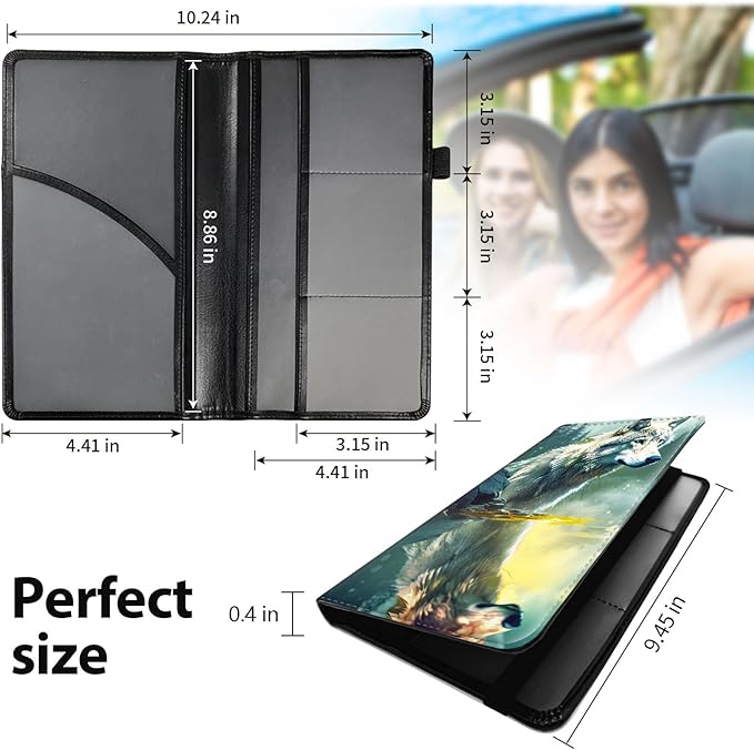 Car Registration & Insurance Holder, Leather Glove Box Organizer, Cool Accessories for ID, Driver's License Cards & Essential Documents, Business Cards, Men & Women, Forest Wolfs