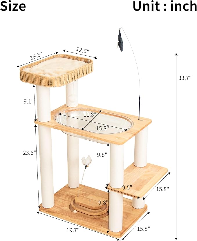 Wood Cat Tree for Large Cats, Modern Cat Tree Tower with Wide Shelves Cotton Scratching Posts, Super Sturdy Base, Cozy Perches, and Interactive Toys for Indoor Kittens