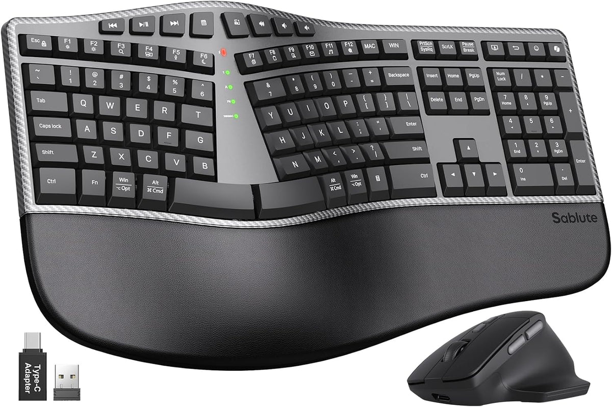 SABLUTE Ergonomic Wireless Keyboard and Mouse, Rechargeable, Split, Win/Mac