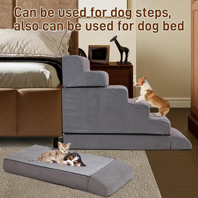 Dog Stairs for High Beds Up to 24-30"，Non-Slip 6 Steps Pet Stairs for Small Medium Dogs & Senior Cat，Washable Cover