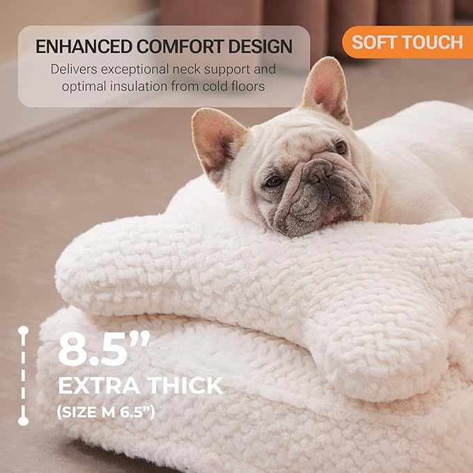 Soft Touch Faux Fur Dog Bed for Medium Size Dogs 6.5" Extra Thick, Orthopedic Pet Bed with Waterproof Liner and Washable Cover, with Removable Cute Pillow, Cream Color