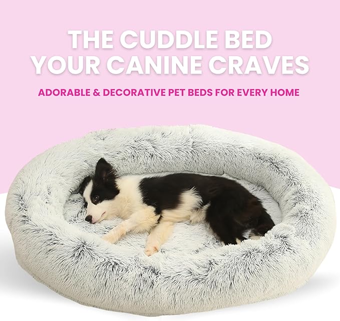 Glow Pups Calming Dog Bed, Memory Foam Bolster, Luxurious Faux Fur, Cozy Oval Design, Machine Washable Cover, Light Grey (41.3 x 29.5 x 9.8)