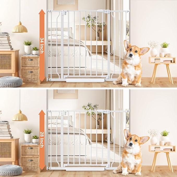 34" Extra Tall Baby Gate for Stairs, Auto Close Stroller Friendly Dog Gate Indoor for Doorways, Pressure Mounted 29"-40" Wide Baby Gate, Easy Walk Through Gate for Children & Pets, White
