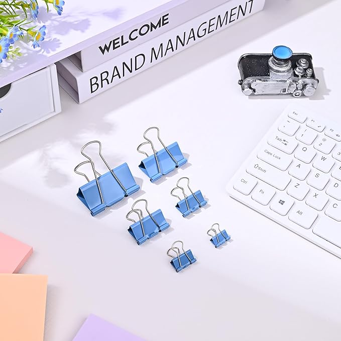 Temiary Aesthetic Binder Clips, 48 Pcs 0.98 Inches Small Metal Binder Clip with Clear Storage Container, Binding Paperwork Clamps for School Teachers Office Supplies (Blue)