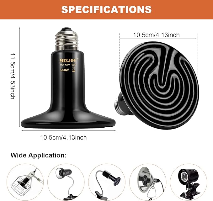MIXJOY 250W Ceramic Heat Emitters - 2Pack Reptile Heat Lamp Bulbs, No Light Emitting, Ideal for Gecko, Lizard, Bearded Dragon, Turtle, Snake & Chicken