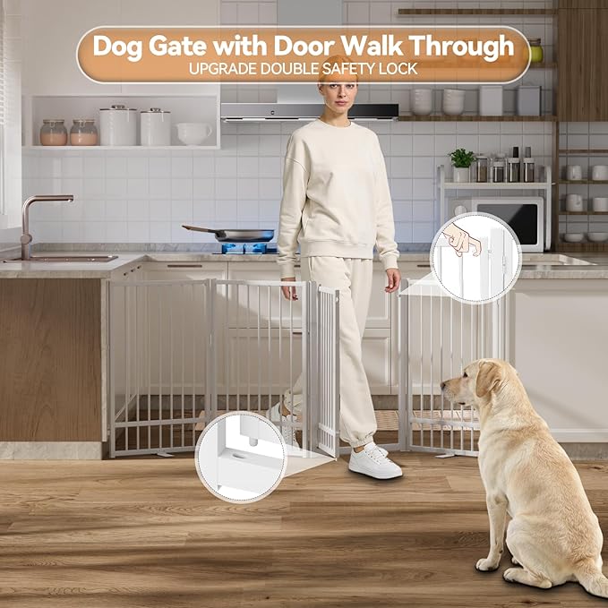 Full Metal Freestanding Dog Gate with Door, 36''Height Foldable Pet Dog Fence for Indoor & Outdoor, 4 Panels Extra Wide Free Standing TallDog Gates for Doorways,House,Stairs,Porch,Deck,Yard