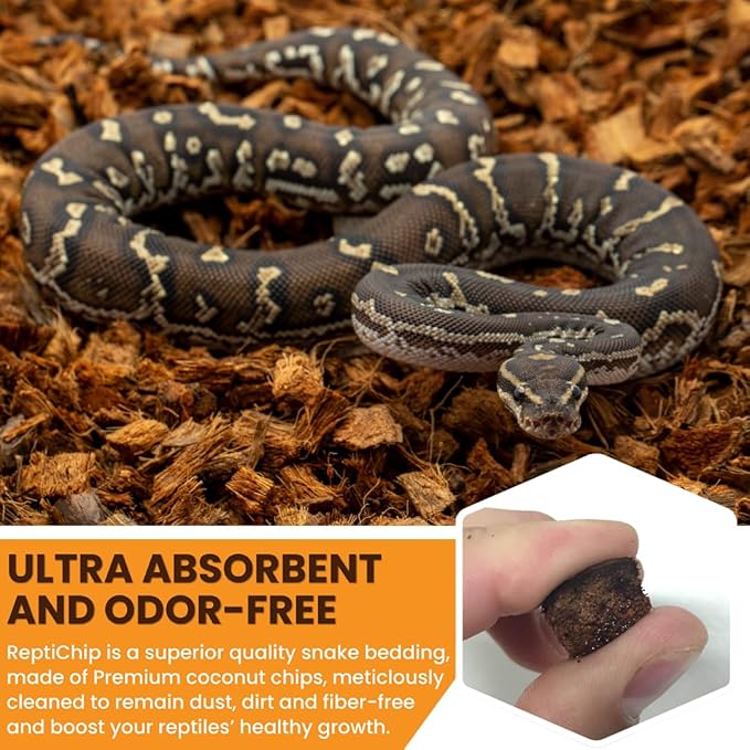 ReptiChip Reptile Bedding Loose Coconut Chip 36 Quart 4 Pack Coco Husk Substrate Mulch for Snake Habitat, Ball Python Terrarium, Turtle Tanks, Tortoise Enclosure