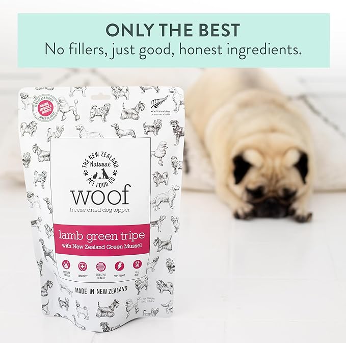 The New Zealand Natural Pet Food Co. WOOF Freeze Dried Dog Topper – Lamb Green Tripe, High Protein, Digestive Support, Topper or Treat – 6.3 oz