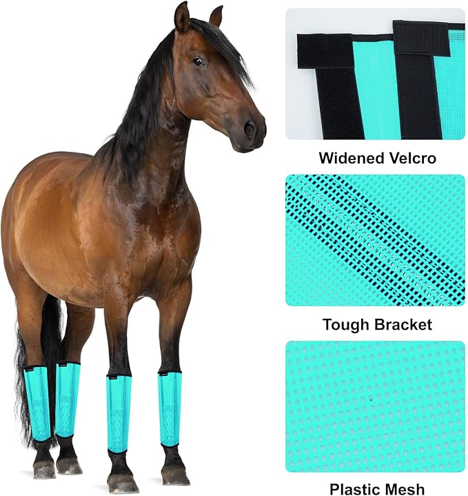 FOXLVDA Horse Fly Boots - Fly Boots for Horses Set of 4, Comfortable Horse Leggings, Mesh Material Design with Metal Support Bars for Reduces Stomping & Leg Fatigue (Green, Medium)