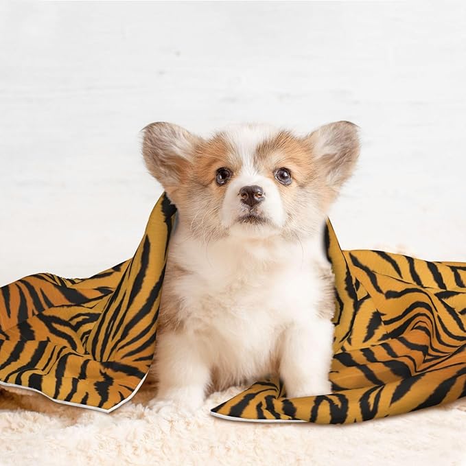 Pet Blanket for Travel and Home, Animal Print Tiger Black Gold, Reversible Plush Dot Design with Soft Grip Texture on One Side Perfect for Car Seats Moving Vehicles