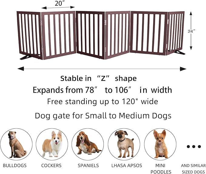 ZJSF Freestanding Indoor Dog Gate for House Foldable Wood Puppy Gate for Doorways Pet Gate for Stairs Extra Wide Pet Fence, Brown, 24" Height 6 Panels