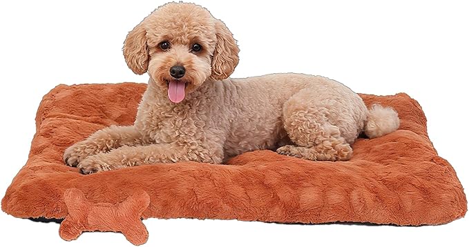 Washable Dog Bed for Small to Large Dogs, Calming Anti Anxiety Medium Dog Bed, Deluxe Plush Faux Fur Crate Beds, Comfy Fluffy Kennel Pad Pet Sleeping Mat with Non-Slip Bottom, 30"x20", Brown