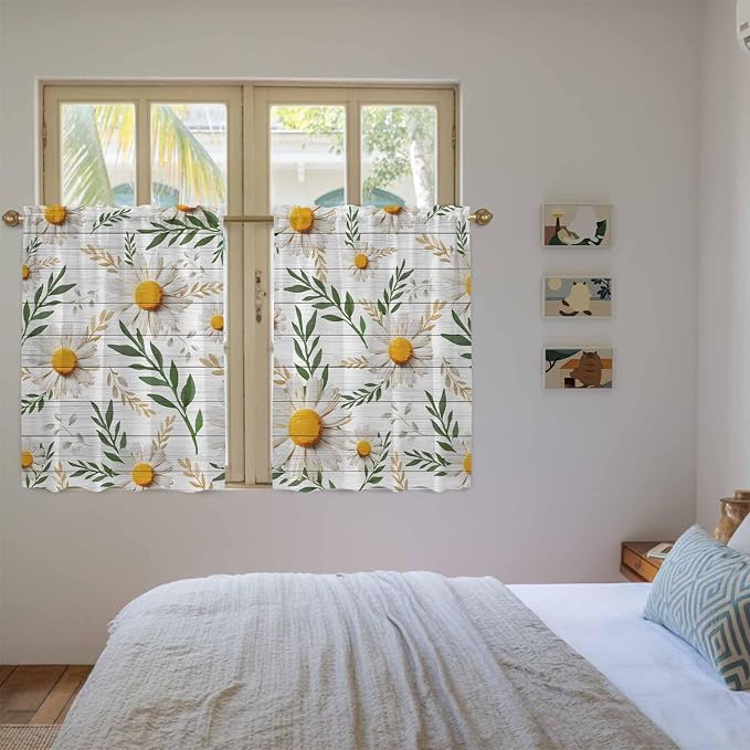 Spring Daisy Kitchen Curtains, Farmhouse Country Flower Leaf Plant Wood Grain
