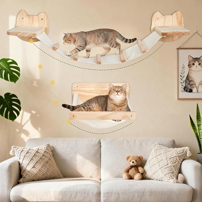 Cat Wall Shelves and Hammock Set, Cat Bridge Wall-Mounted with Climbing Steps and Sisal Roped Scratch Perch, Multi-Level Cats Walls Furniture Bed for Indoor Cats