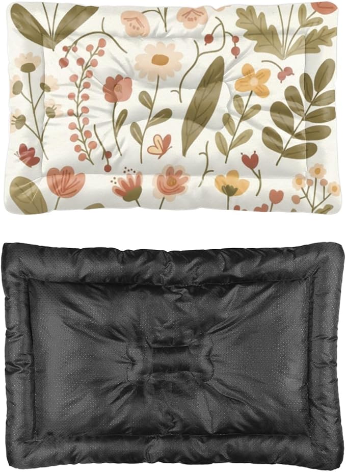 Cream Rustic Botanical Print Art Doggie Beds Dog Cage Mats for Crates Crate Pad Dog Beds for Crates Washable Non-Slip Crate Bedding Bed Cushion Mat and Furniture Indoor Outdoor 36X24 Inch