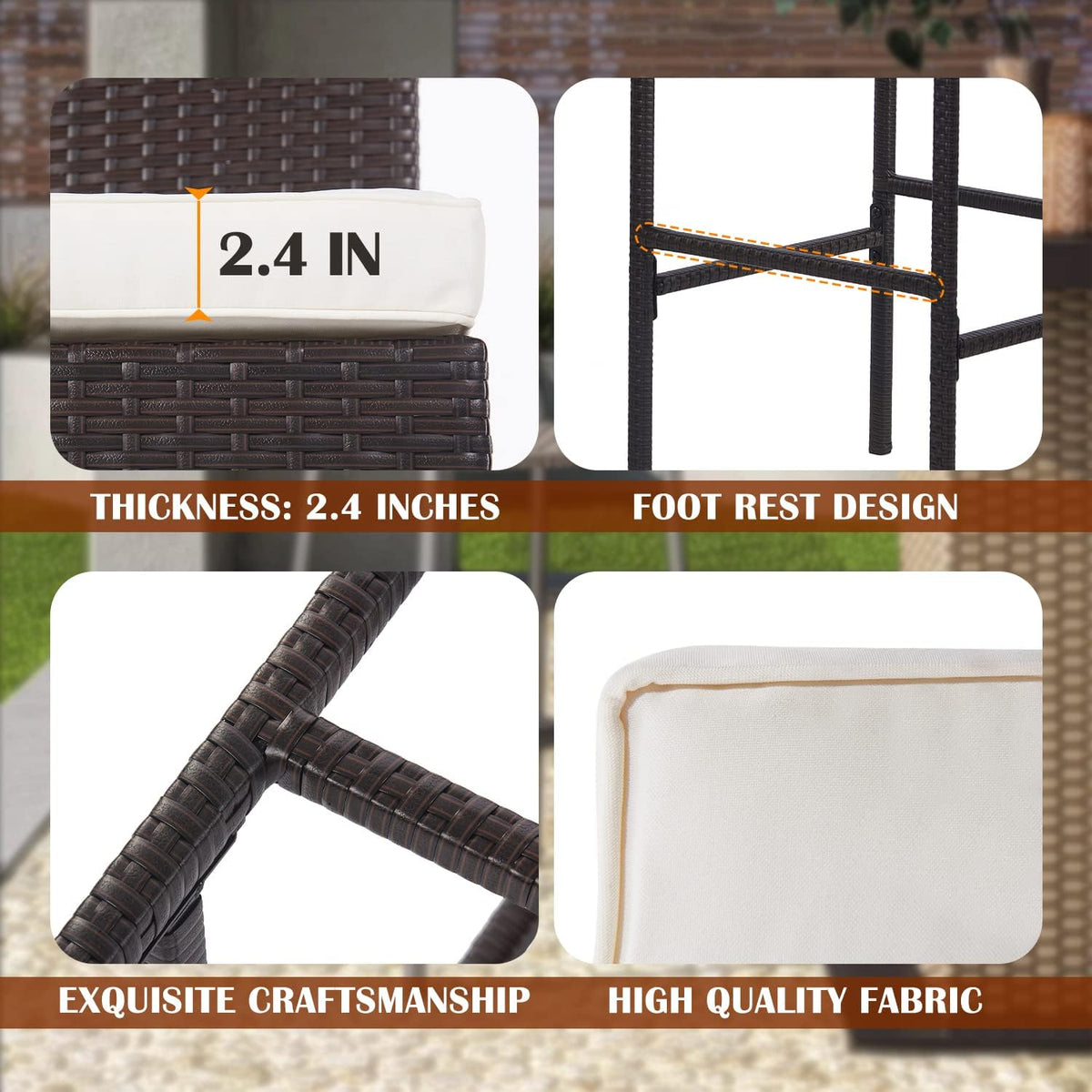 PayLessHere Outdoor Bar Stools Rattan Bar Chairs Set of 2 Wicker Bar stools Counter Height Patio Bar Chairs with Backrest Cushion Footrest for Patio Lawn Backyard, Brown
