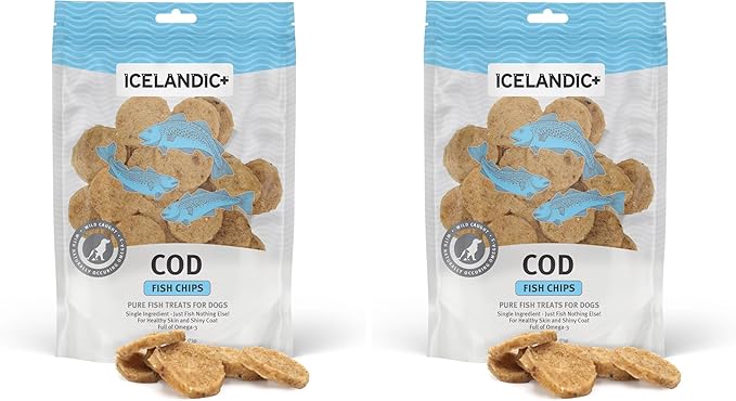 Icelandic+ Fish Chips: Cod - 2.5oz Bag,Dog Treats,Pure Wild-Caught & Air-Dried,Ingredient Crunchy Pet Snacks,Just The Fish Nothing Else,(Pack of 2)
